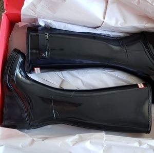 Hunter Refined Tall Gloss Wedge Rain Boots Black